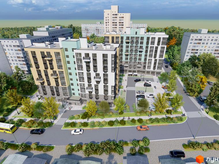 Житловий комплекс TWINS RESIDENCE з різнокольоровими фасадами та балконами, упорядкована прибудинкова територія з деревами та місцями для паркування.