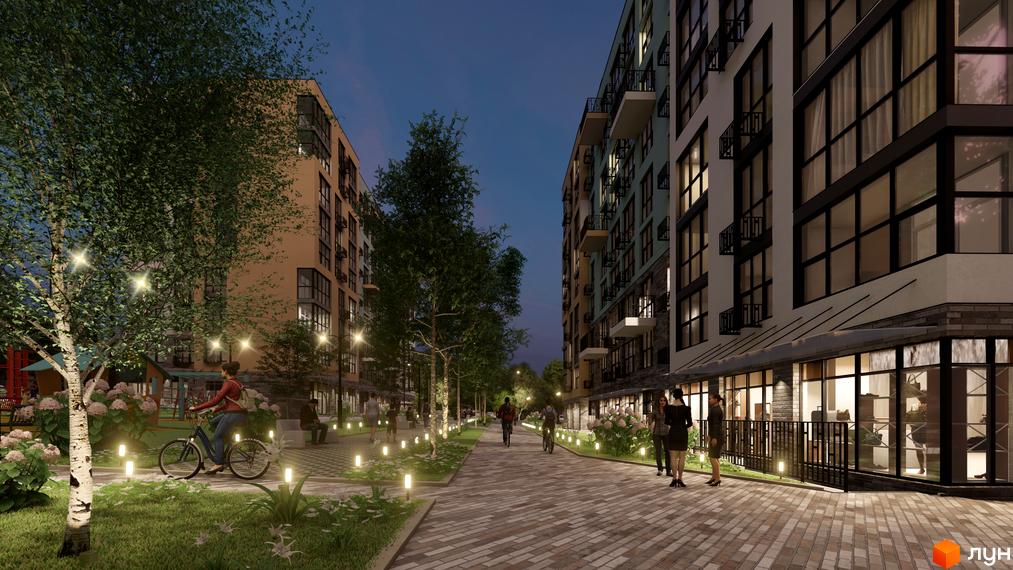 Житловий комплекс TWINS RESIDENCE з підсвіченою прибудинковою територією та людьми, що прогулюються алеєю.