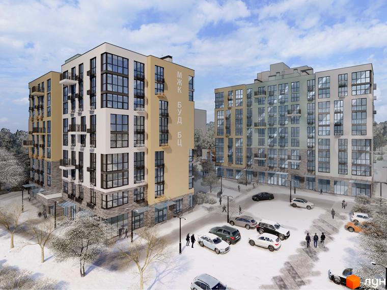 Житловий комплекс TWINS RESIDENCE з фасадами світло-бежевого та світло-зеленого кольорів, великими вікнами та балконами, на тлі зимового пейзажу з прибудинковою територією та припаркованими автомобілями.