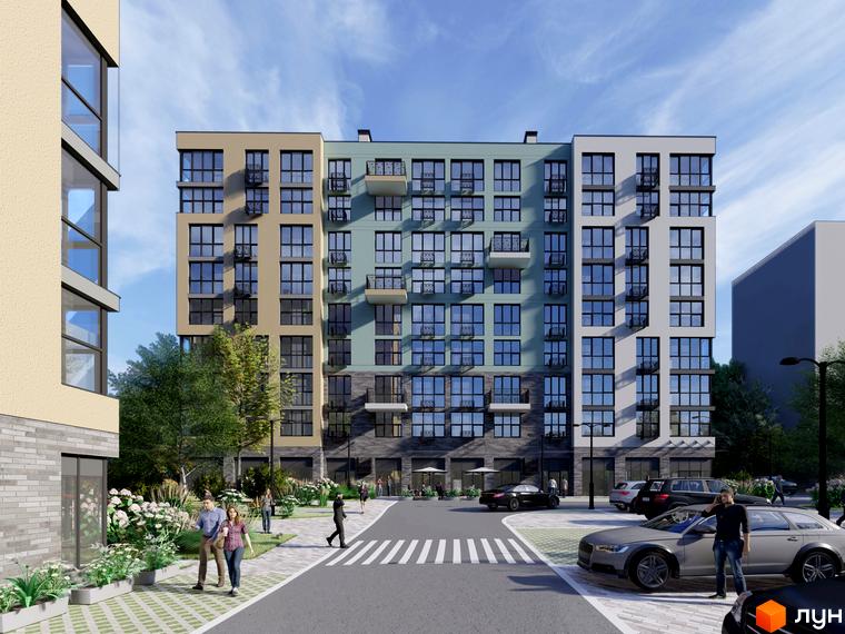 Житловий комплекс TWINS RESIDENCE з фасадами бежевого, бірюзового та сірого кольорів. Перед будинком розташована прибудинкова територія з деревами, квітами та місцями для паркування.