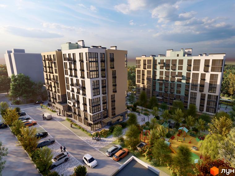 Житловий комплекс TWINS RESIDENCE з фасадами бежевого та блакитного кольорів, з великою кількістю вікон та балконів, на тлі зеленої зони з дитячим майданчиком.