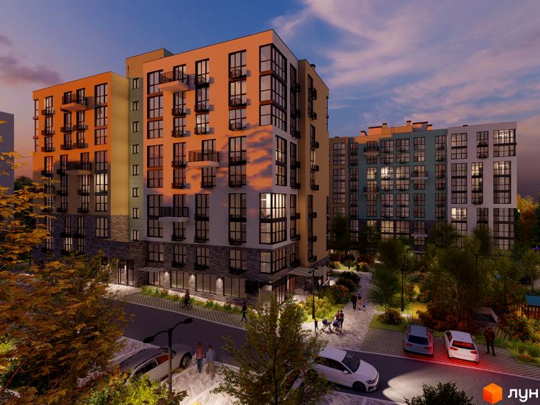 Житловий комплекс TWINS RESIDENCE з фасадами в бежевих та бірюзових тонах, з численними балконами та великими вікнами, на тлі вечірнього неба. Прибудинкова територія з доріжками, деревами та припаркованими автомобілями.