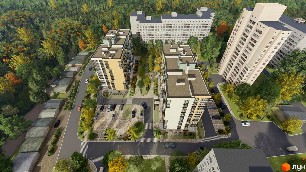 Житловий комплекс TWINS RESIDENCE з жовтою та білою секціями, розташований серед дерев. Прибудинкова територія з парковкою та дитячим майданчиком.