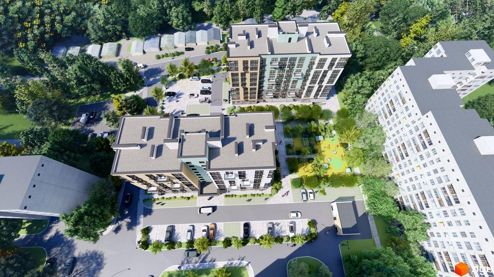 Житловий комплекс TWINS RESIDENCE з багатоповерховими будинками та прибудинковою територією з дитячим майданчиком та парковкою.