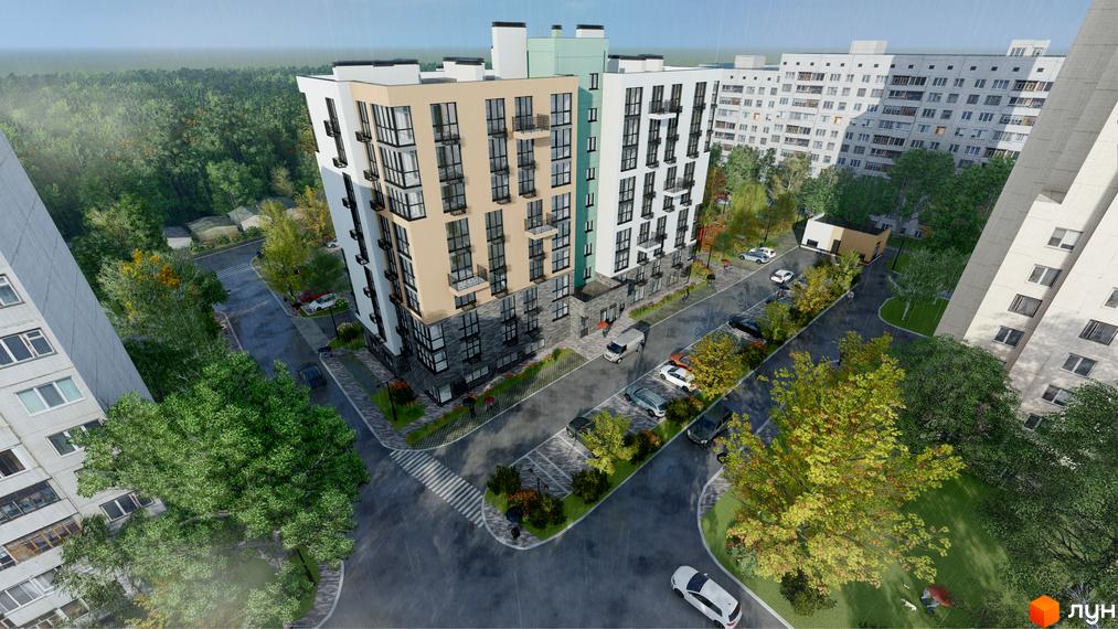 Будівельний проєкт ЖК TWINS RESIDENCE з фасадами бежевого та білого кольорів, розташований біля зеленої зони з деревами та дорогою з автомобілями.