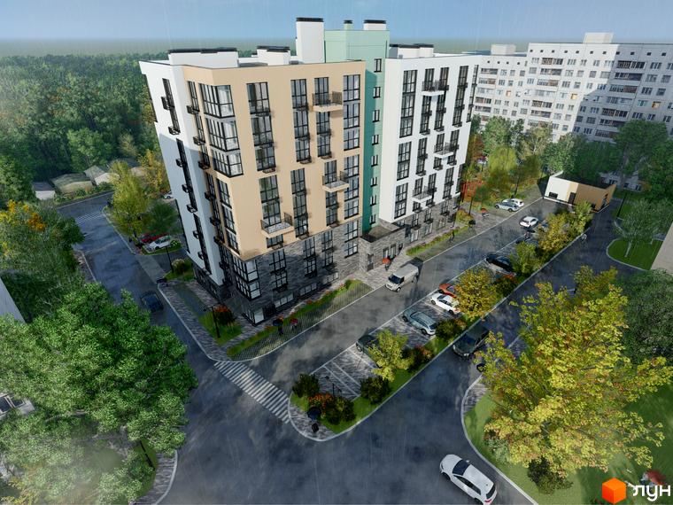 Житловий комплекс TWINS RESIDENCE з фасадами бежевого та білого кольорів, з балконами та великими вікнами. На прибудинковій території розташовані паркувальні місця та зелені насадження.