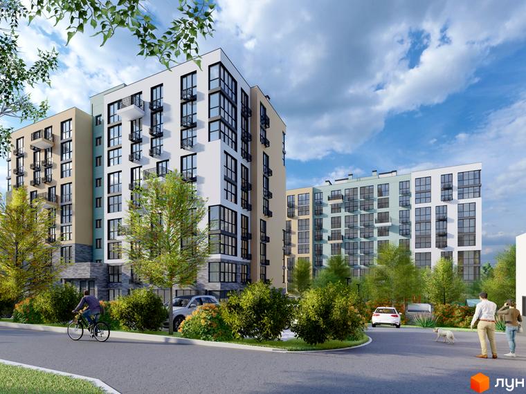 Житловий комплекс TWINS RESIDENCE з різнокольоровими фасадами та численними балконами. На прибудинковій території розташовані дерева, кущі та дорога з автомобілями.