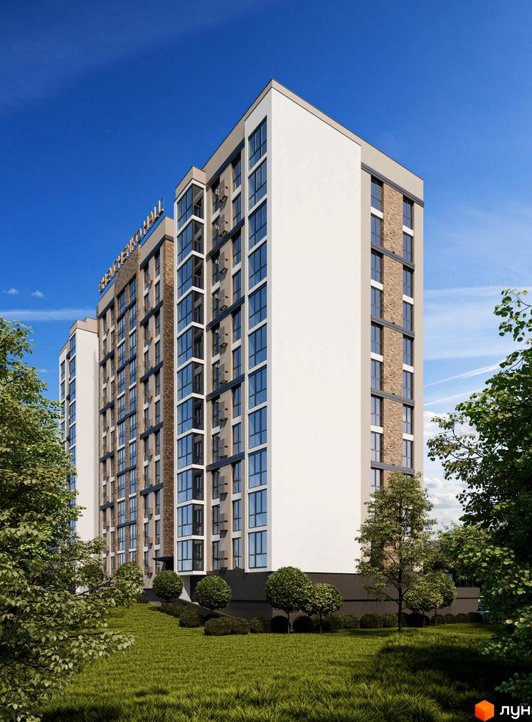 Зовнішній вигляд житлового комплексу Shevchenko Hall з цегляними та білими фасадами, великою кількістю скління та зеленим газоном перед будинком.