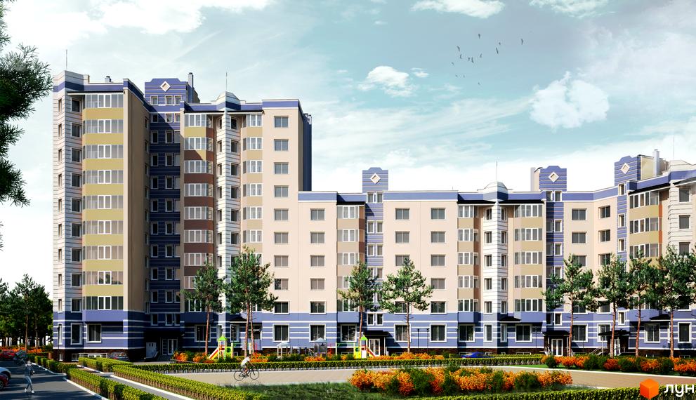 Житловий комплекс Підкова: фасади будівель у світлих тонах з синіми та коричневими акцентами, панорамні вікна. Прибудинкова територія з деревами та зонами відпочинку.