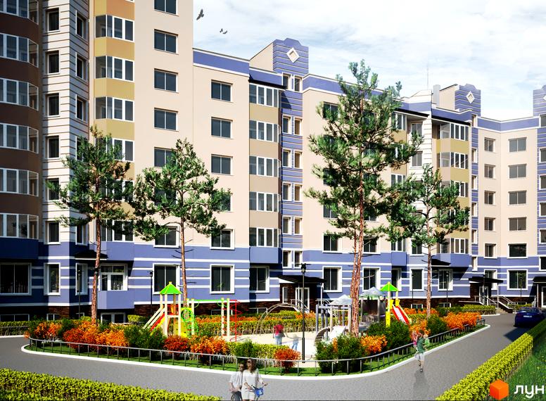 Житловий комплекс Підкова: фасади будівель у світлих тонах з синіми акцентами, дитячий майданчик та зелені насадження біля будинку.