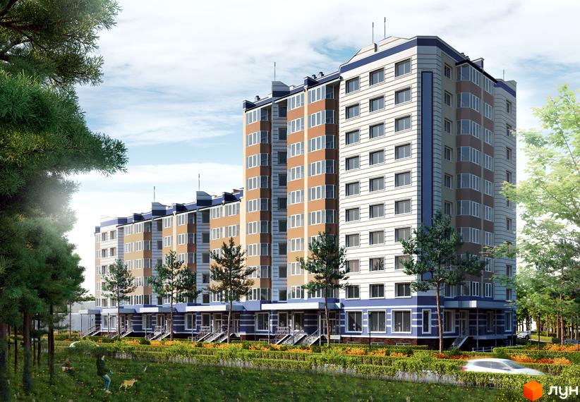 Зовнішній вигляд будинку ЖК Підкова з коричневими та білими фасадами, великими вікнами та синіми елементами. Прибудинкова територія з зеленими насадженнями та доріжками.