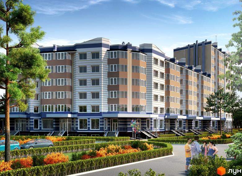 Житловий комплекс Підкова. Багатоповерховий будинок з коричневими та білими фасадами, великою кількістю вікон. Прибудинкова територія з зеленими насадженнями та доріжкою.