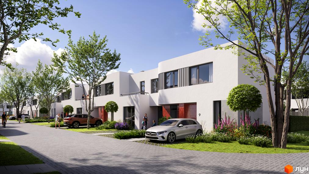 Котеджне містечко ARTPARK: білі двоповерхові будинки з червоними вхідними групами та великими вікнами. Прибудинкова територія з зеленими деревами, кущами та квітами.