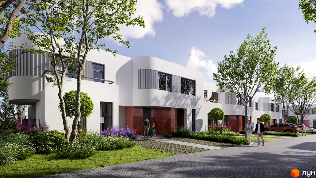 Котеджне містечко ARTPARK: білі фасади будівель з панорамними вікнами та зелена прибудинкова територія з квітами і деревами.