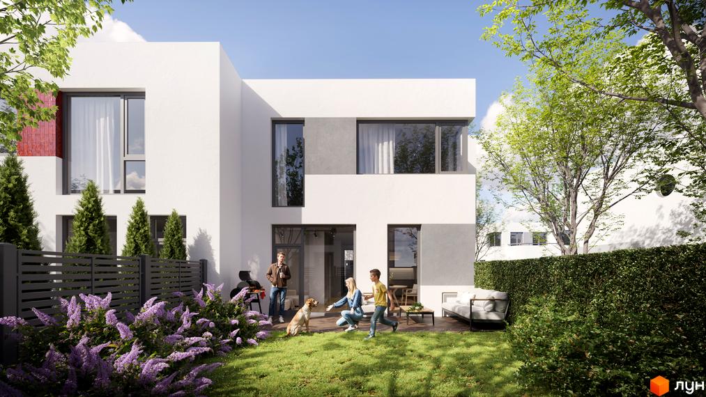 Котеджне містечко ARTPARK: двоповерхові будинки з панорамними вікнами та зеленою прибудинковою територією. На задньому дворі сім'я з собакою насолоджується відпочинком.