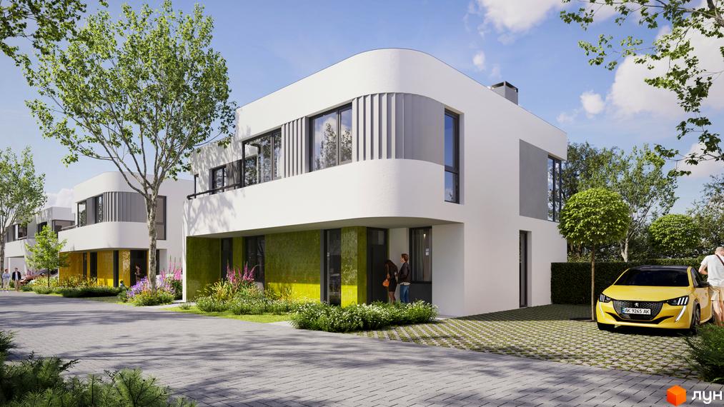 Зовнішній вигляд будинків житлового комплексу КМ ARTPARK з зеленими та жовтими елементами фасаду, прибудинкова територія з деревами та автомобілем.