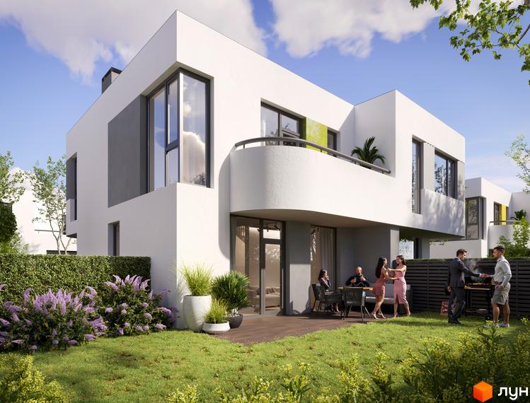 Котеджне містечко ARTPARK: білі двоповерхові будинки з великими вікнами та зелена прибудинкова територія з місцем для відпочинку.