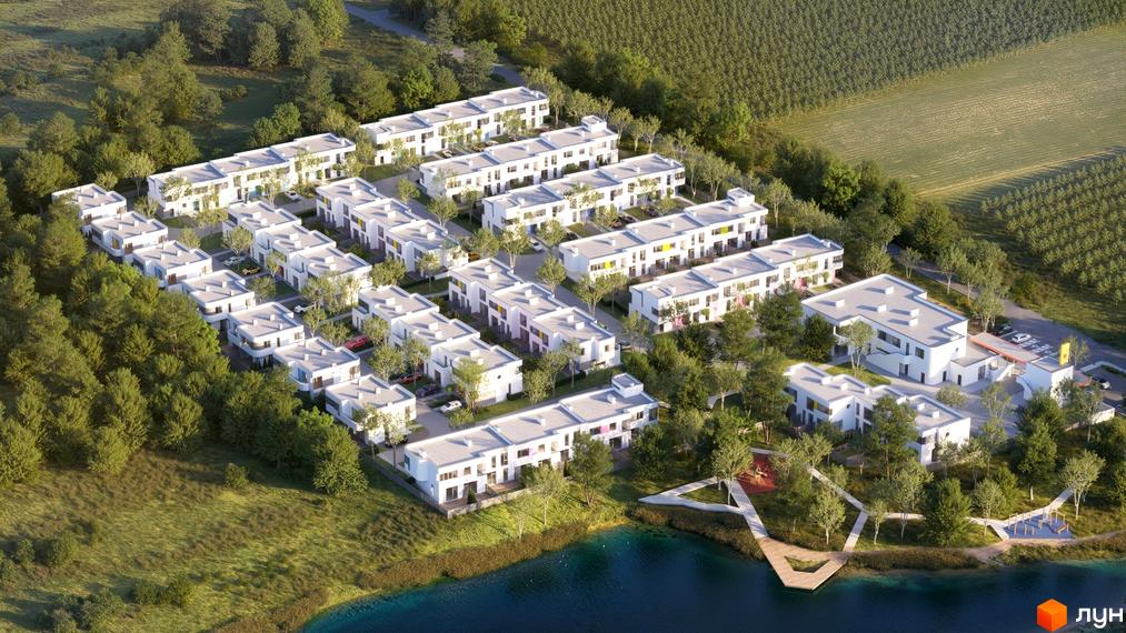 Котеджне містечко ARTPARK - це сучасні білі будинки з пласкими дахами, розташовані біля озера та зеленої зони з дитячими майданчиками.