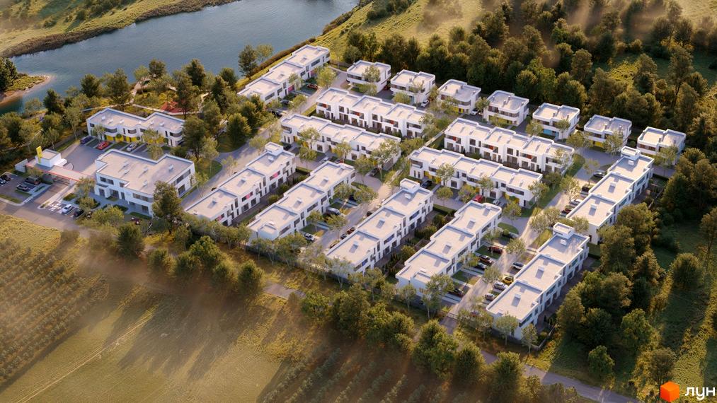 Котеджне містечко ARTPARK з білими будинками та прибудинковою територією з деревами та озером. Вид зверху на житловий комплекс.