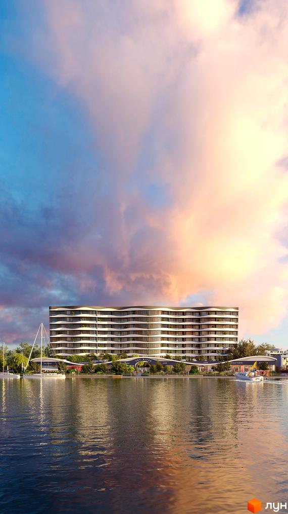 Житловий комплекс Sky River 2 з хвилястим фасадом та великою кількістю вікон, розташований біля води з яхтами та набережною.