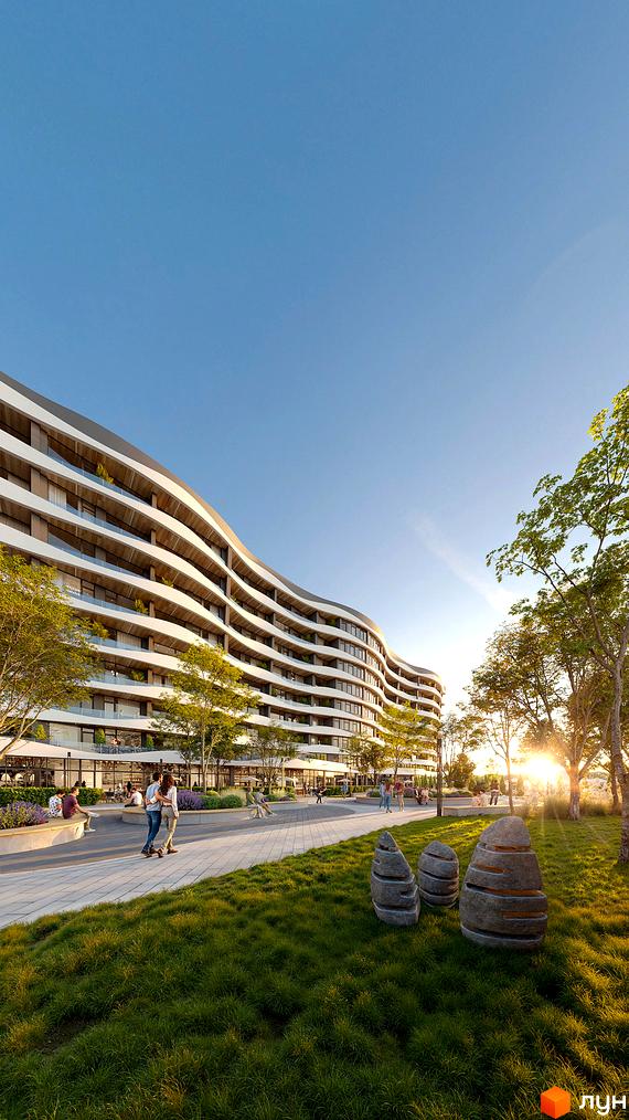 Житловий комплекс Sky River 2 з хвилястим фасадом та скляними балконами, оточений зеленою зоною з доріжками та зонами відпочинку.