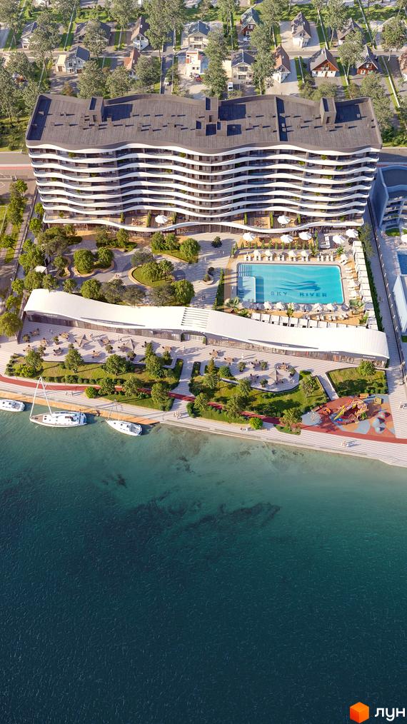 Житловий комплекс Sky River 2 з хвилястим фасадом, басейном та набережною з яхтами. Навколо комплексу зелена зона та дитячий майданчик.