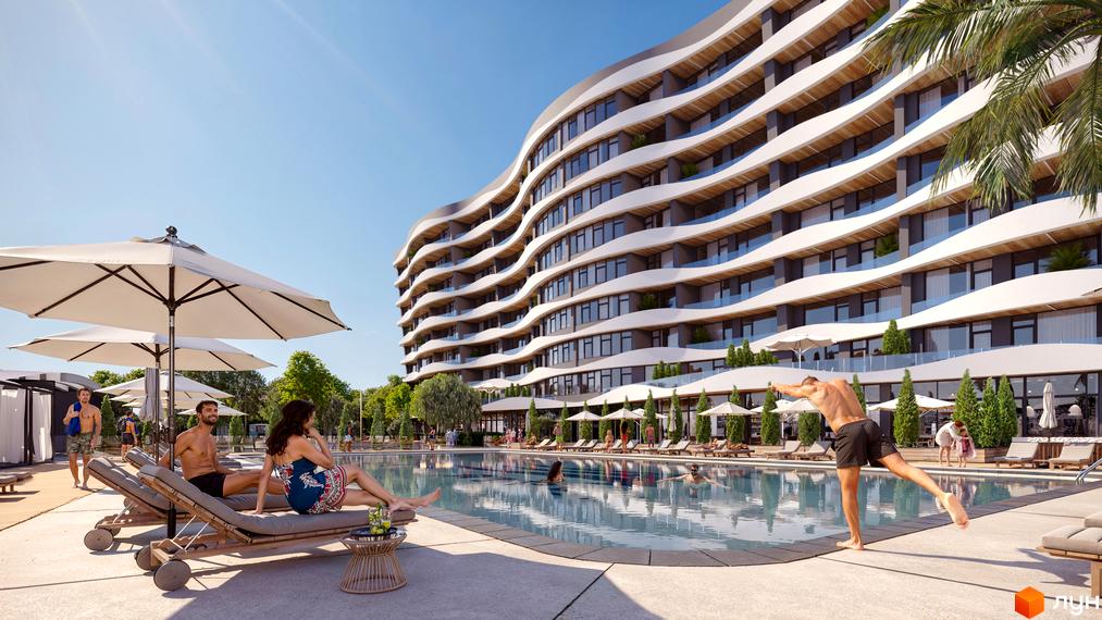 Житловий комплекс Sky River 2 з хвилястим фасадом та басейном з відпочиваючими біля нього. Навколо будівлі зелені насадження та зони відпочинку.