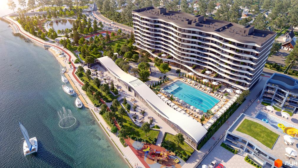 Житловий комплекс Sky River 2 з хвилястим фасадом, басейном та набережною. На території розташовані зони відпочинку, дитячий майданчик та зелені насадження.