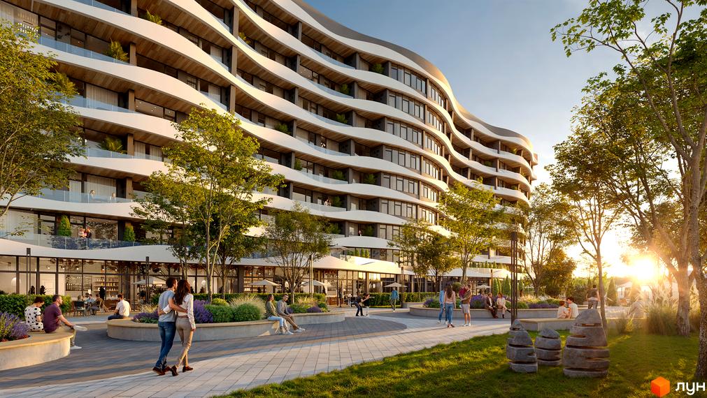 Житловий комплекс Sky River 2 з хвилястими фасадами та скляними балконами, оточений зеленою прибудинковою територією з місцями для відпочинку.
