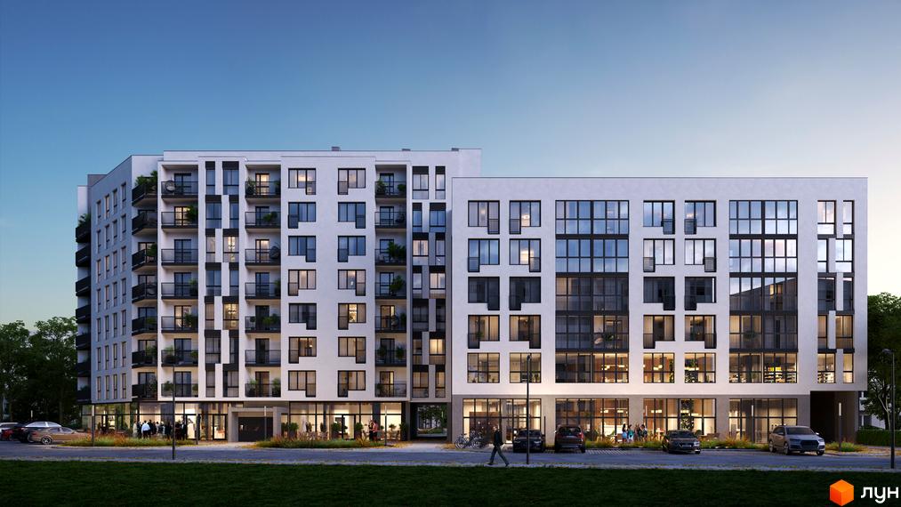 Зовнішній вигляд новобудови на вул. Перфецького, 6а, з численними балконами та великими вікнами. На прибудинковій території розташовані автомобілі та зелені насадження.