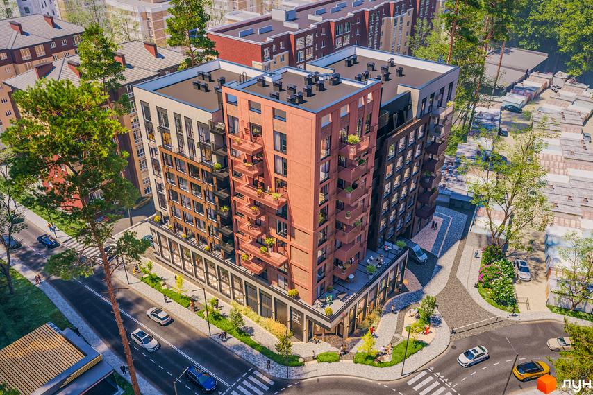 Житловий комплекс Green Life - це сучасна багатоповерхова забудова з балконами та комерційними приміщеннями на першому поверсі. Територія навколо будинку облаштована зонами відпочинку та озелененням.