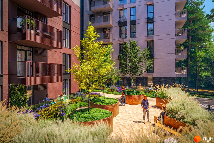 Житловий комплекс Green Life з червоною та сірою фасадною обробкою та затишним внутрішнім двором із зеленими насадженнями та місцями для відпочинку.