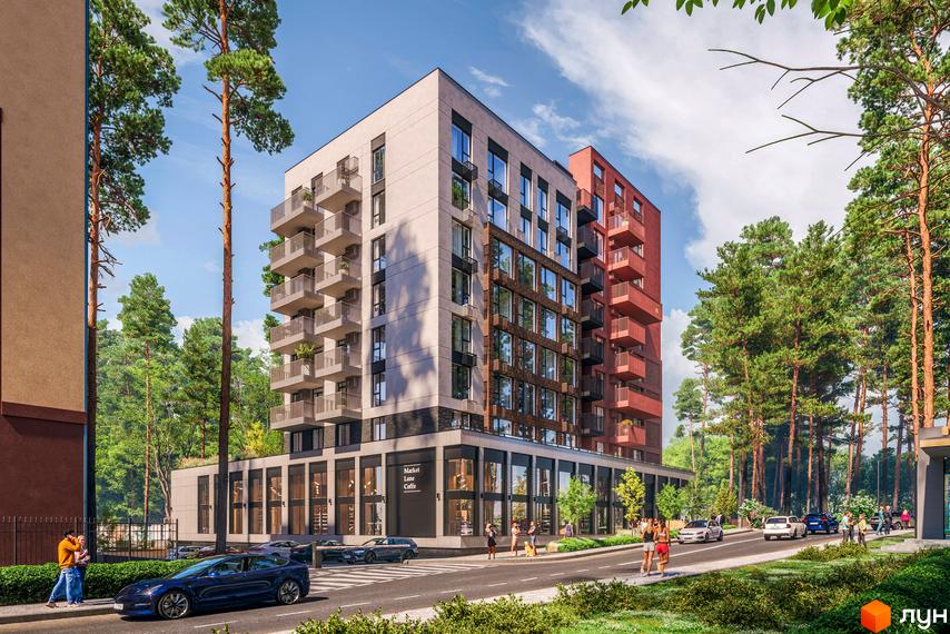 Житловий комплекс Green Life - це сучасна новобудова з балконами та комерційними приміщеннями на першому поверсі, розташована серед зелених дерев. Навколо комплексу облаштована прибудинкова територія з дорогою та пішохідними зонами.