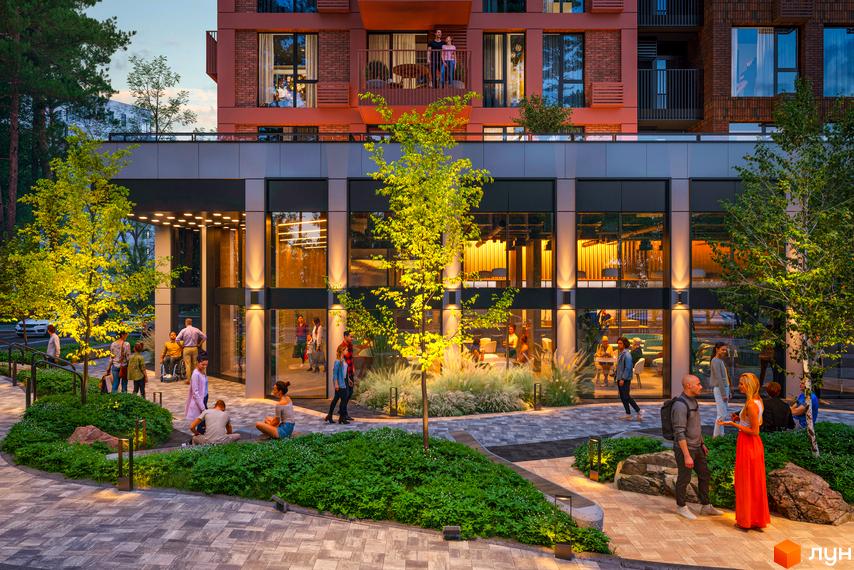 Житловий комплекс Green Life: фасади будівлі з панорамним склінням та затишна прибудинкова територія з освітленням та зонами відпочинку.
