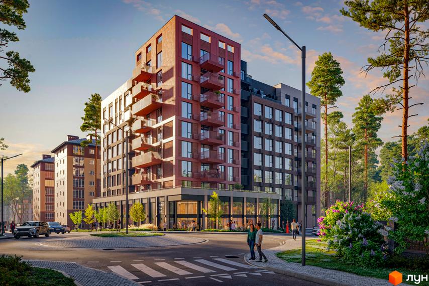 Житловий комплекс Green Life – це сучасна новобудова з цегляним фасадом та балконами, розташована біля зеленої зони з деревами та квітами.
