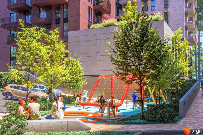 Житловий комплекс Green Life: сучасна архітектура та дитячий майданчик. Зелена зона та місця для відпочинку.