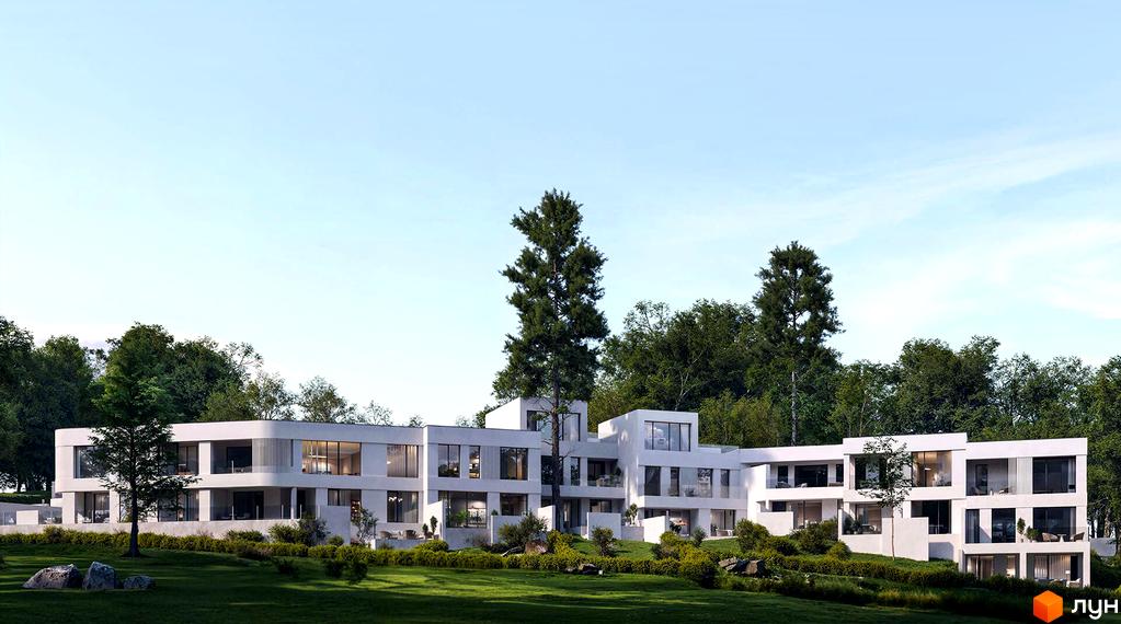 Котеджне містечко Сьоме Небо: білі багаторівневі будівлі з великими вікнами на тлі зеленого ландшафту та дерев. Прибудинкова територія з газоном та каменями.