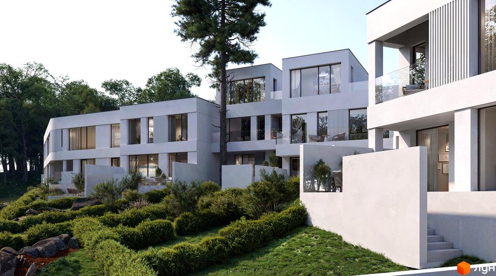 Котеджне містечко Сьоме Небо – це сучасні будинки з великими вікнами та балконами, розташовані на схилі пагорба серед зелені.