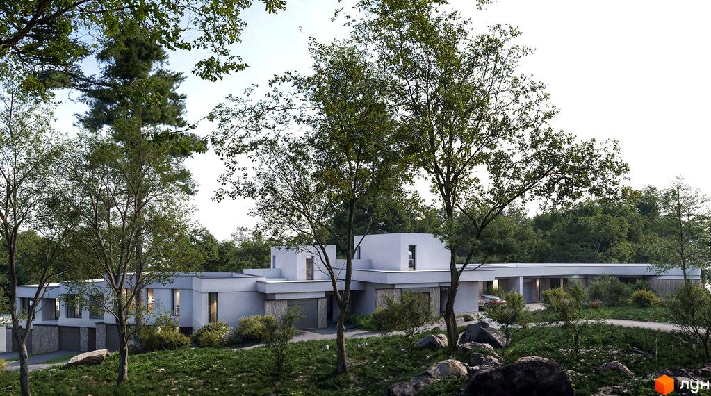 Котеджне містечко КМ Сьоме Небо: сучасний будинок з великими вікнами серед дерев та зелені. Прибудинкова територія з кам'яними брилами та доглянутим газоном.