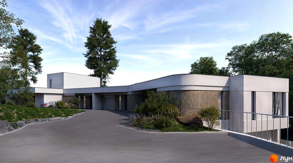 Котеджне містечко КМ Сьоме Небо: двоповерховий будинок з панорамними вікнами та вигнутим дахом, оточений деревами та доглянутою прибудинковою територією з дорогою.