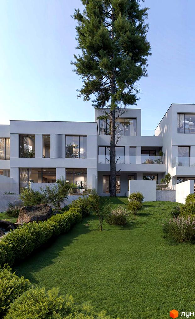 КМ Сьоме Небо: триповерхові будинки з великими вікнами та балконами, оточені зеленою галявиною та деревами.