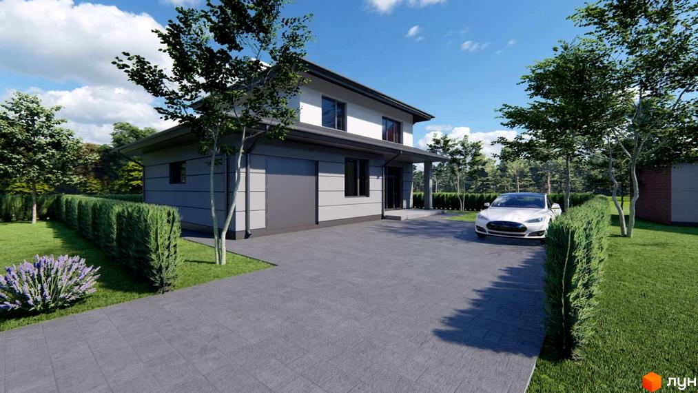 Котеджне містечко КМ River Yard: двоповерховий будинок з сірим фасадом та прибудинковою територією з зеленими насадженнями та автомобілем.