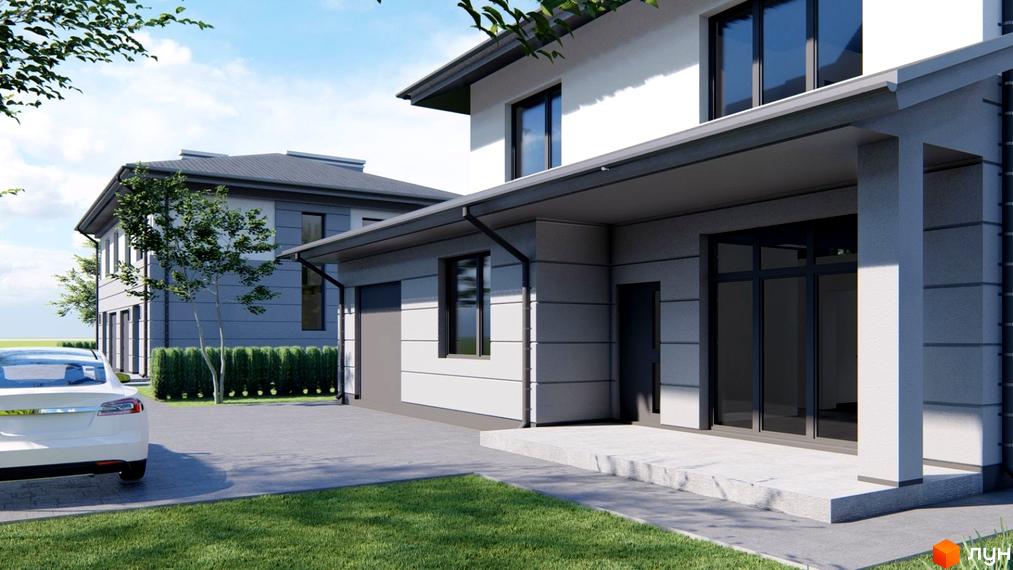 Котеджне містечко КМ River Yard. Зовнішній вигляд будинків з сірим фасадом та прибудинкова територія з автомобілем та зеленими насадженнями.