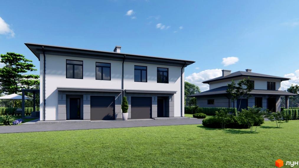 Котеджне містечко River Yard: двоповерхові будинки з гаражами та великими вікнами на тлі зеленого газону та дерев.