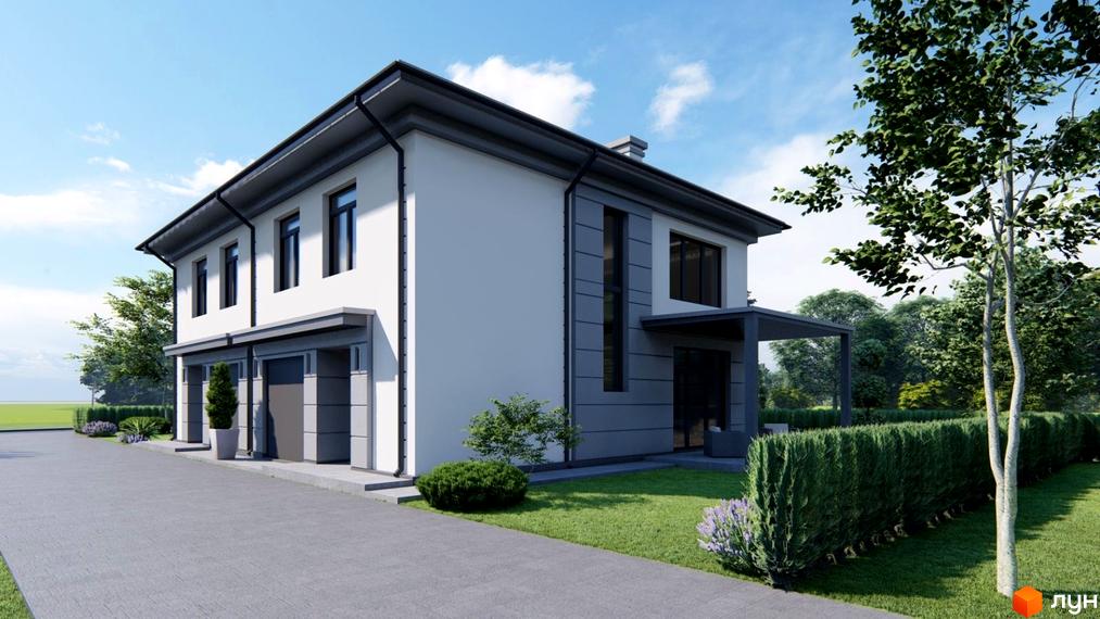 Котеджне містечко КМ River Yard: двоповерховий будинок з сірими та білими фасадами, гаражними воротами та доглянутою прибудинковою територією з газоном та кущами.