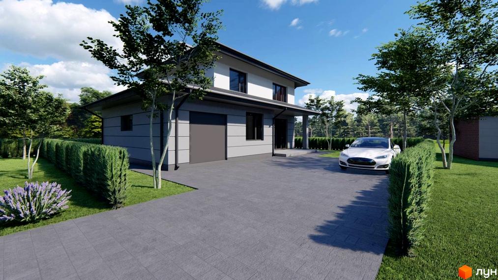 Котеджне містечко River Yard: двоповерховий будинок з гаражем та прибудинковою територією з газоном та деревами. Автомобіль припаркований на під'їзній доріжці.