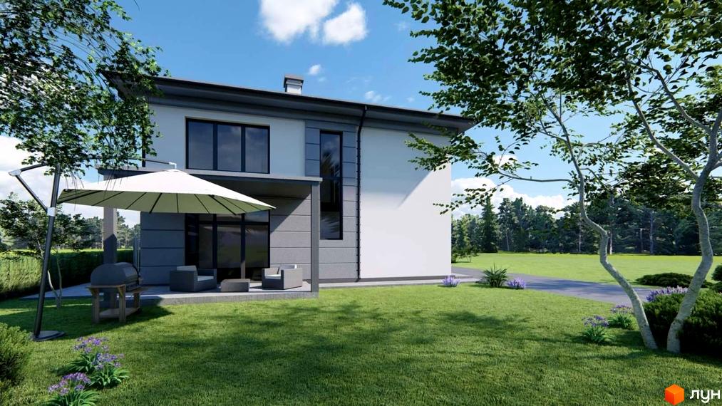 Котеджне містечко River Yard. Зовнішній вигляд двоповерхового будинку з терасою, барбекю та парасолькою від сонця. Прибудинкова територія з газоном та деревами.