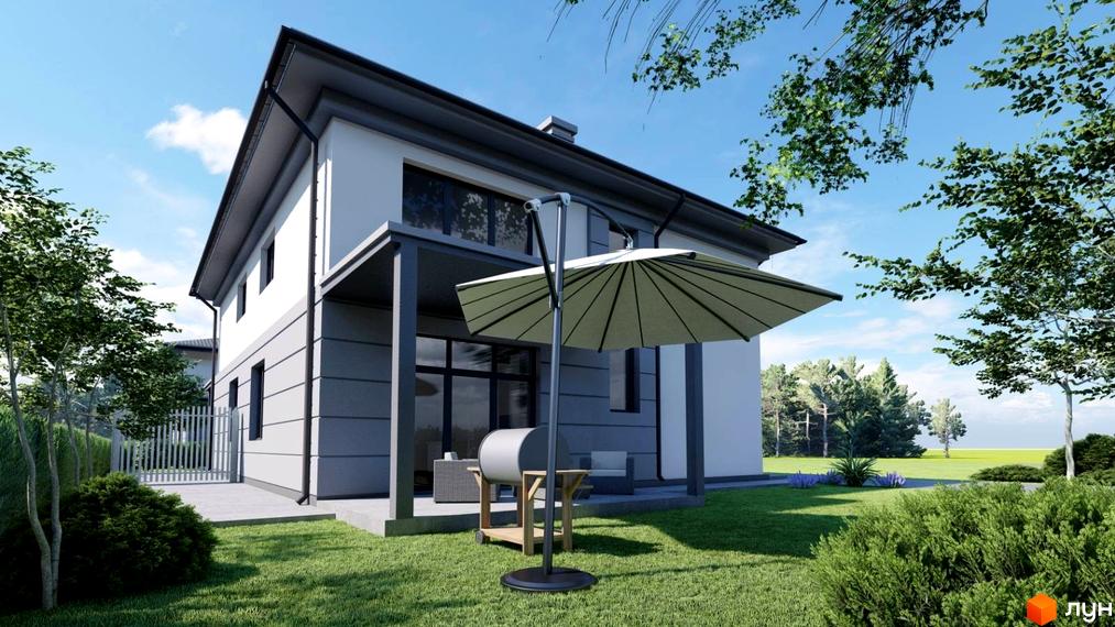 КМ River Yard: двоповерховий будинок з сірими та білими фасадами, навісом та зоною барбекю на доглянутій зеленій ділянці з деревами.