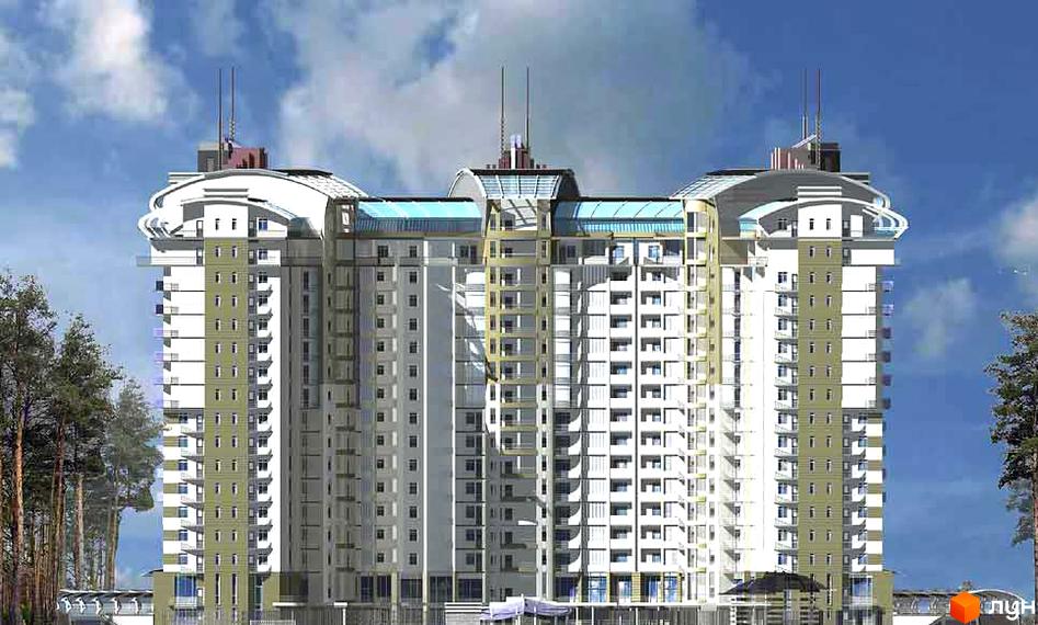 Житловий комплекс Підкова-Стугна. Зовнішній вигляд висотної новобудови з багаторівневими фасадами та скляними елементами. Навколо будівлі видно дерева.