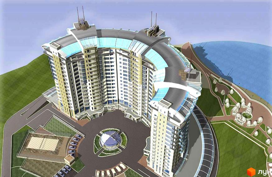 Житловий комплекс Підкова-Стугна - це унікальна архітектурна споруда з вигнутим фасадом та скляним дахом. Навколо комплексу розташована доглянута прибудинкова територія з зеленими зонами та пішохідними доріжками.